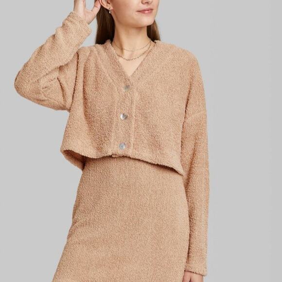 Cropped Cozy Cardigan Wild Fable Taupe L Brown Lightweight Fuzzy VNeck Button Up - Picture 3 of 11